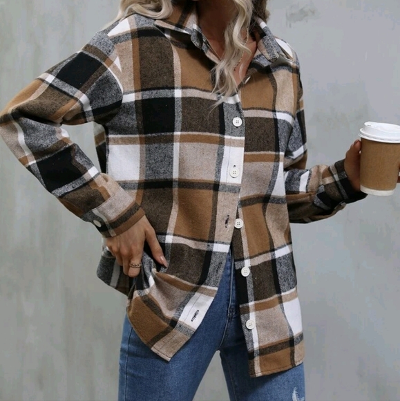 Khaki Plaid Print Button Down Top - Picture 4 of 6